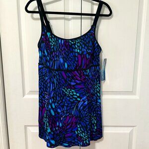 NWT Great Lengths one piece swimsuit, size 14, blue multicolor skirted Slimming